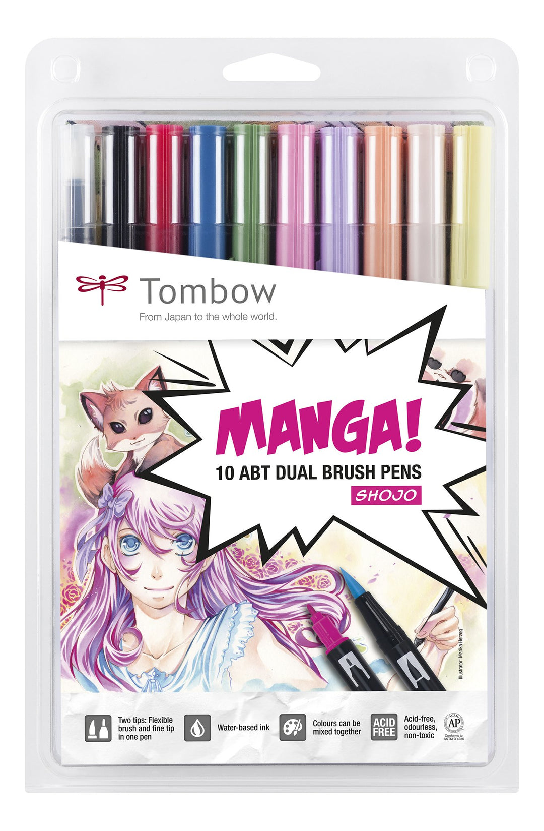 Tombow ABT-10C-MANGA2 Fasermaler, Dual Brush Pen mit zwei Spitzen, 10-er Manga Set Shojo, Manga Set