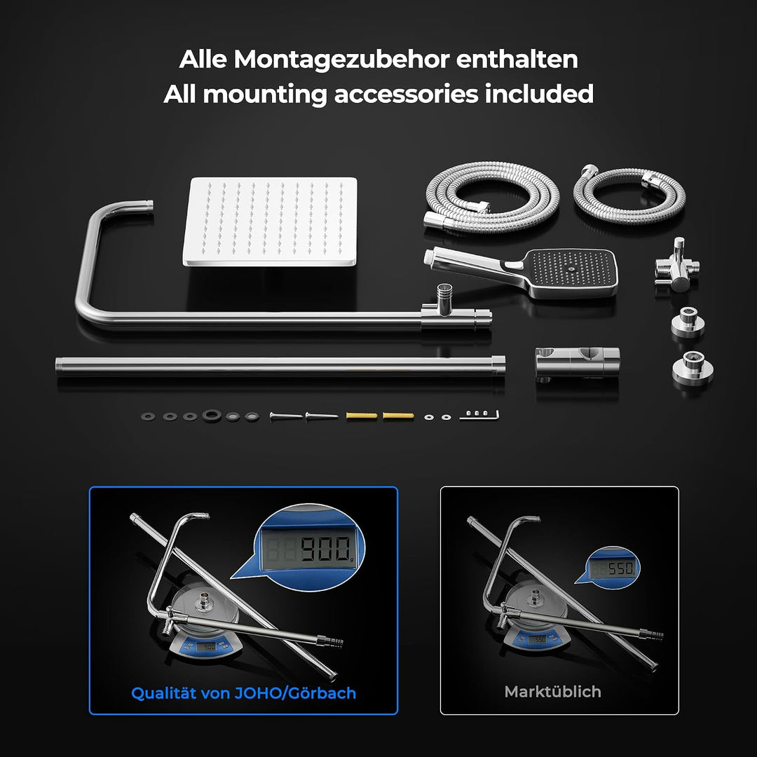 JOHO Edelstahl Duschsystem ohne Armatur, Regendusche Duschset Wassersparend mit Kopfbrause 20x20 cm