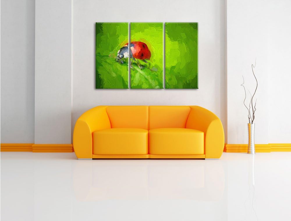 Pixxprint Kleiner Marienkäfer auf Blatt / 3-Teilig/Gesamtmass 120cm Leinwandbild bespannt auf Holzra