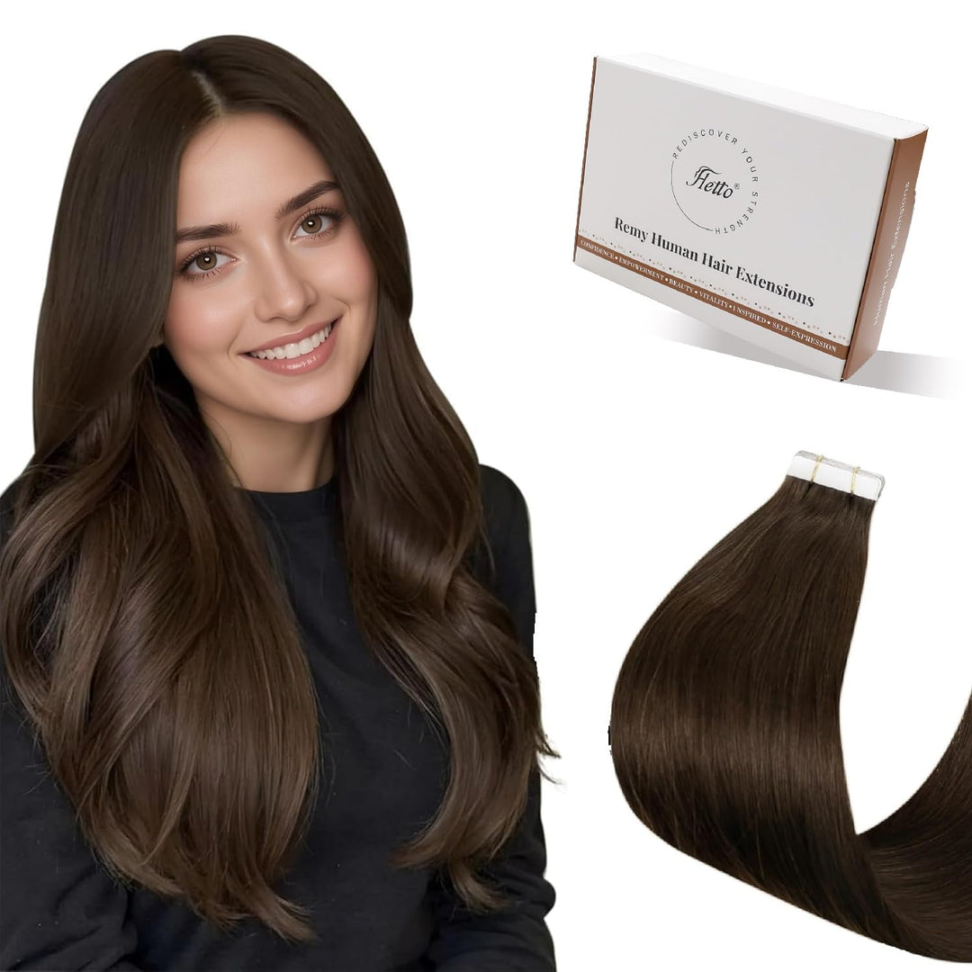 Hetto Tape Extensions Echthaar, Mittelbraun, 35cm | 20 Stucke 40g 100% Remy Haar, Invisible Doppelse