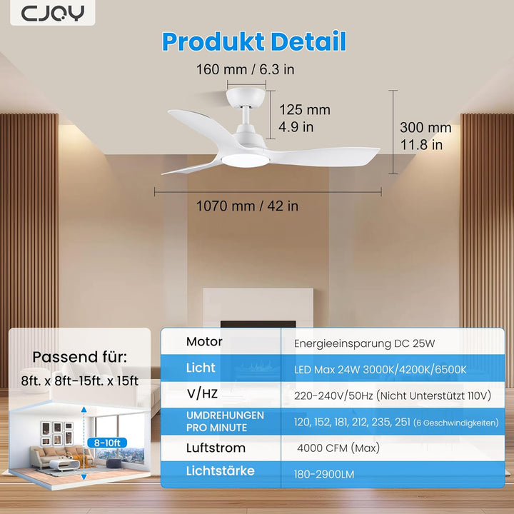 CJOY Deckenventilator mit Beleuchtung, 107 cm Deckenventilator mit Beleuchtung und Fernbedienung Lei