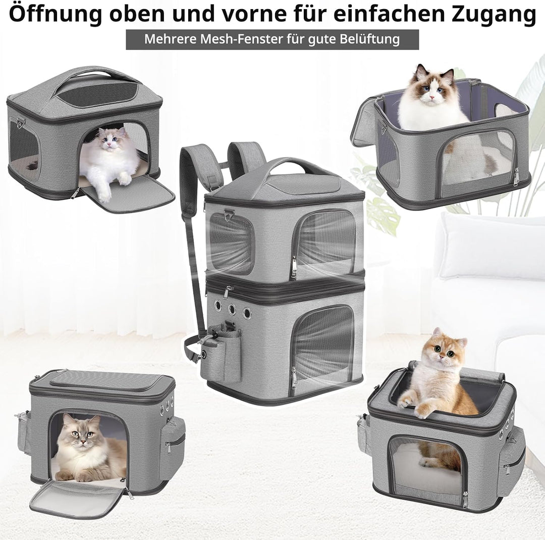Abnehmbarer Katzenrucksack für 2 Katzen bis 12kg, Grau