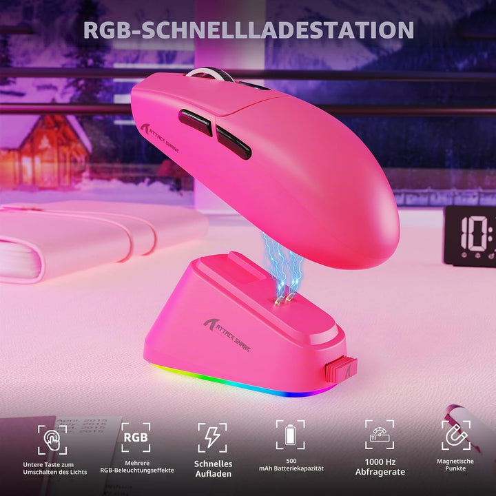 MAMBASNAKE x ATTACK SHARK G3PRO Gaming-Maus mit Magnetischer Ladestation, BT/2.4G Wireless/Kabel, Pi