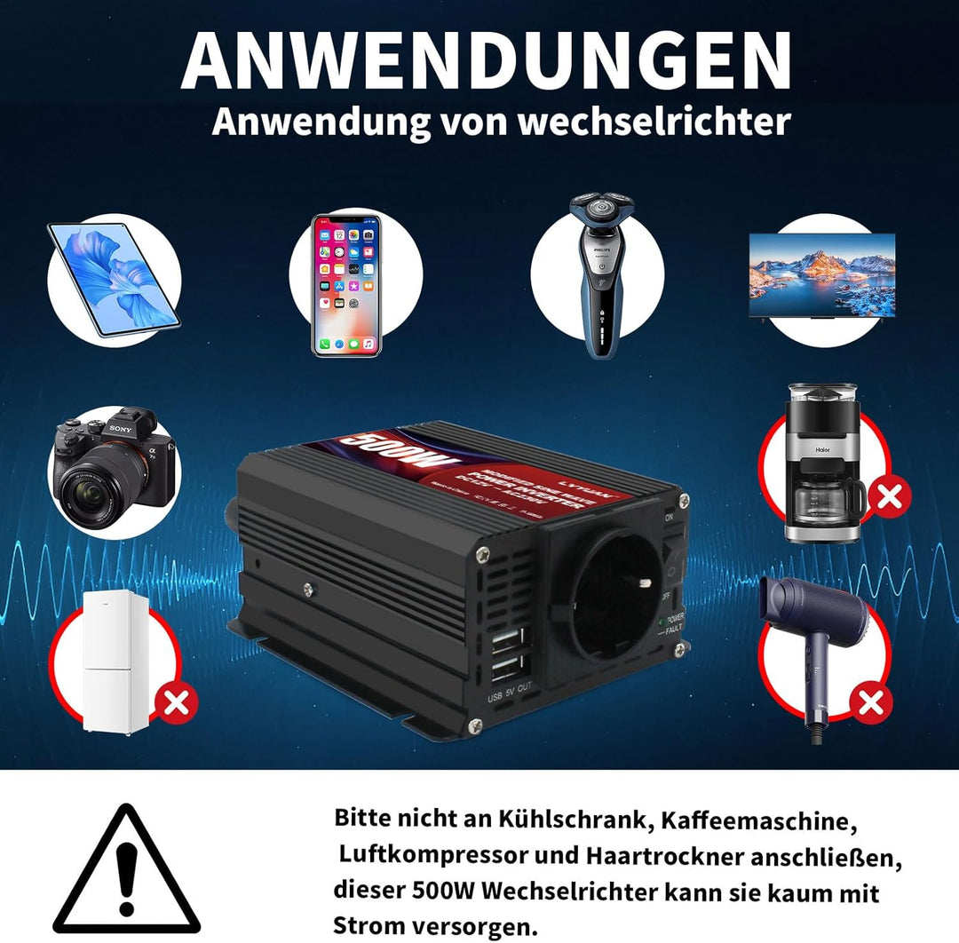 LVYUAN Wechselrichter 12V auf 230V 500W Spannungswandler, Stromwandler mit Dual-USB-Anschluss und EU