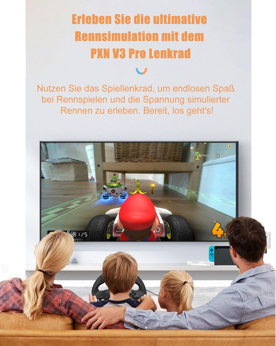 PXN V3 Pro Gaming Lenkrad mit Pedalen - 180°, Vibrationsfeedback, Integrierter Schalthebel, Paddle S