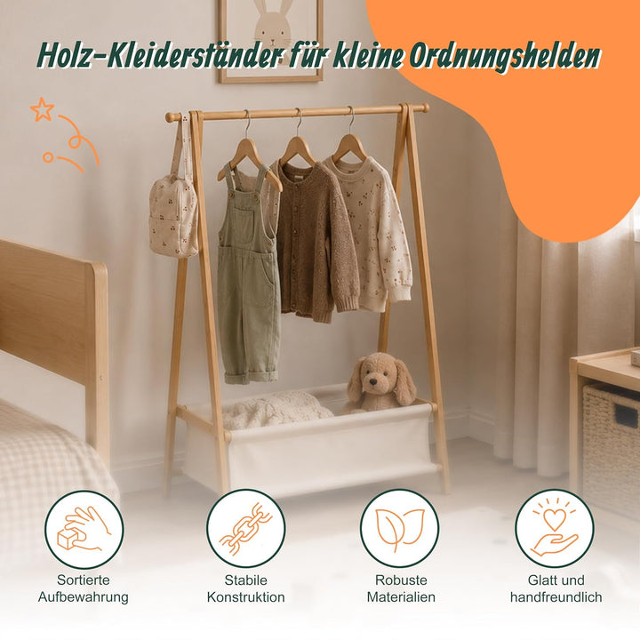 Relaxdays Kleiderständer Kinder, Bambus, HxBxT 106 x 86 x 36 cm, Stoffkorb, Kleiderstange, Kindergar