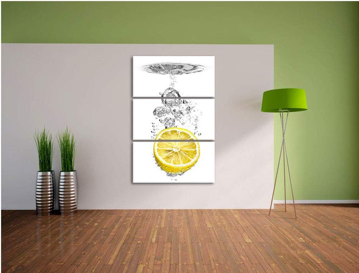 ins Wasser gefallene Zitrone schwarz/weiss 3-Teiler Leinwandbild 120x80 Bild auf Leinwand, XXL riesi