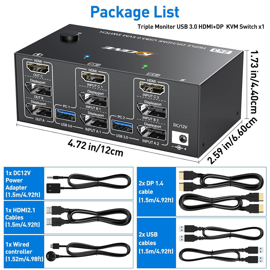 KCEVE KVM Switch 2 Computer 3 Monitore, USB 3.0 KVM Umschalter HDMI + DisplayPort, 8K@60Hz/4k@144Hz