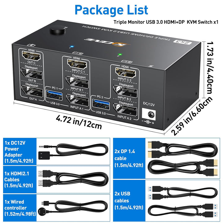 KCEVE KVM Switch 2 Computer 3 Monitore, USB 3.0 KVM Umschalter HDMI + DisplayPort, 8K@60Hz/4k@144Hz