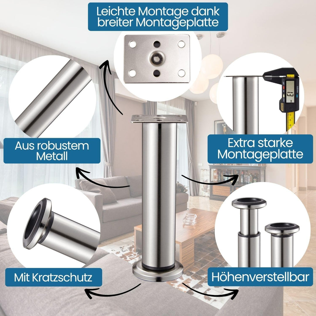 Stahlia Möbelfüsse verstellbar Tischbeine Metall Edelstahl Optik 120-190mm (4er Set) Ø38mm Bettfüsse