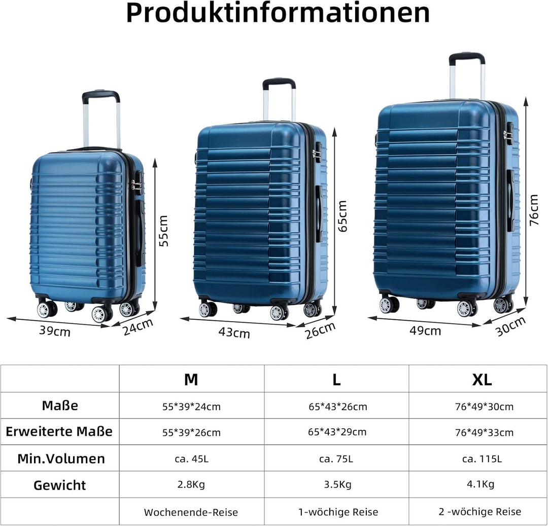BEIBYE 2088 Zwillingsrollen Reisekoffer Koffer Trolleys Hartschale M-L-XL-Set in 13 Farben (Blau, L)