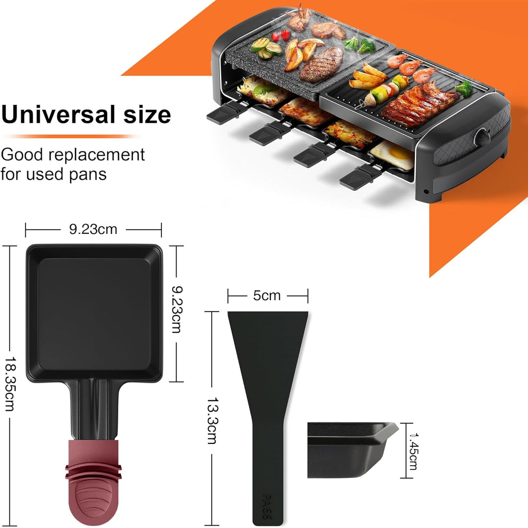 8er Set Raclette Pfännchen antihaftbeschichtet, Mini Grill Pfännchen Ersatz mit 8 Schaber und buntem