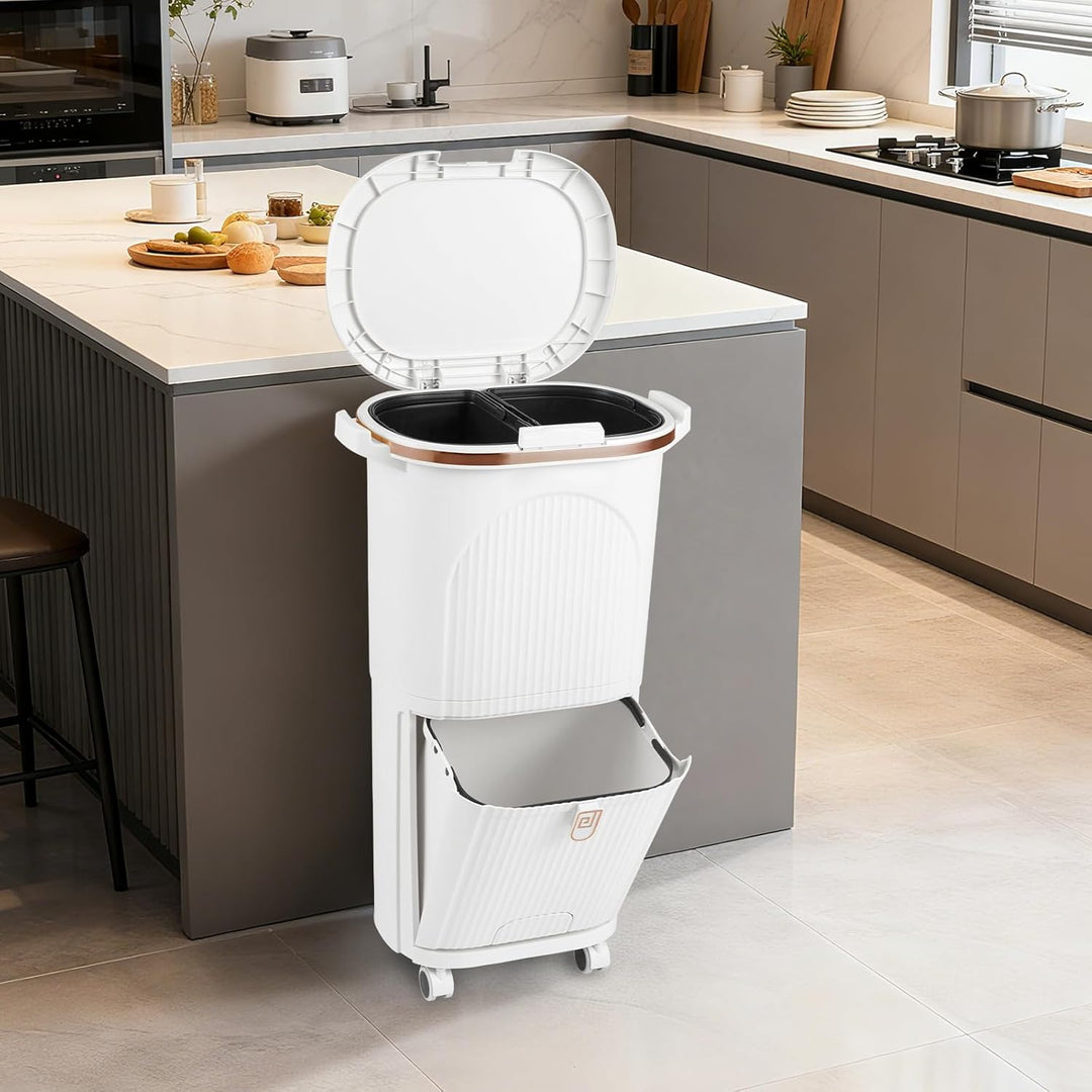 COSTWAY Mülleimer Küche, Mülltrennsystem 3 Fächer, 2 x 12L Inneneimer & 14L Treteimer, Abfalleimer m