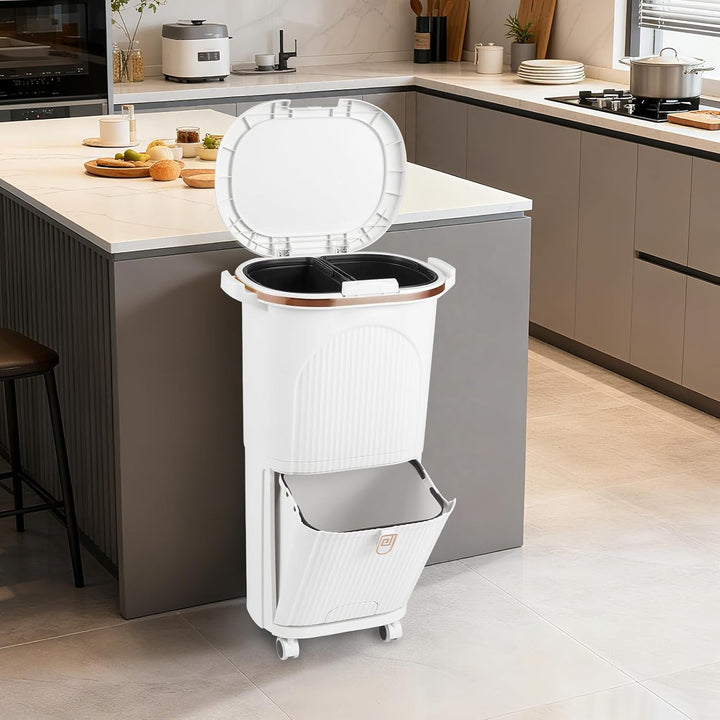 COSTWAY Mülleimer Küche, Mülltrennsystem 3 Fächer, 2 x 12L Inneneimer & 14L Treteimer, Abfalleimer m