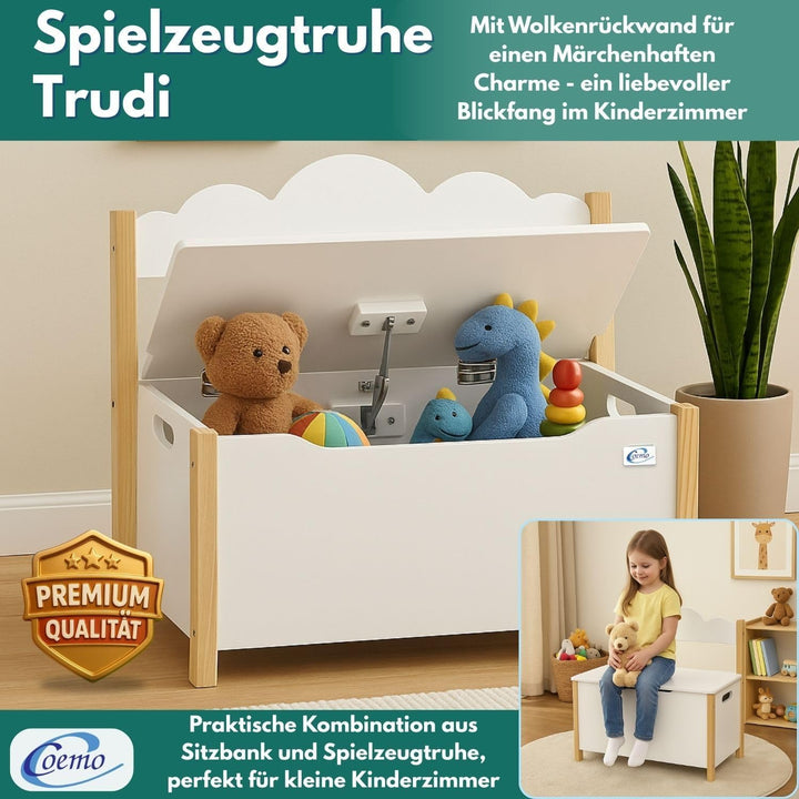 Coemo Spielzeugtruhe mit Sitzbank, Holztruhe Weiss Trudi 60×26×55 cm – Kinderzimmer Bank mit Staurau
