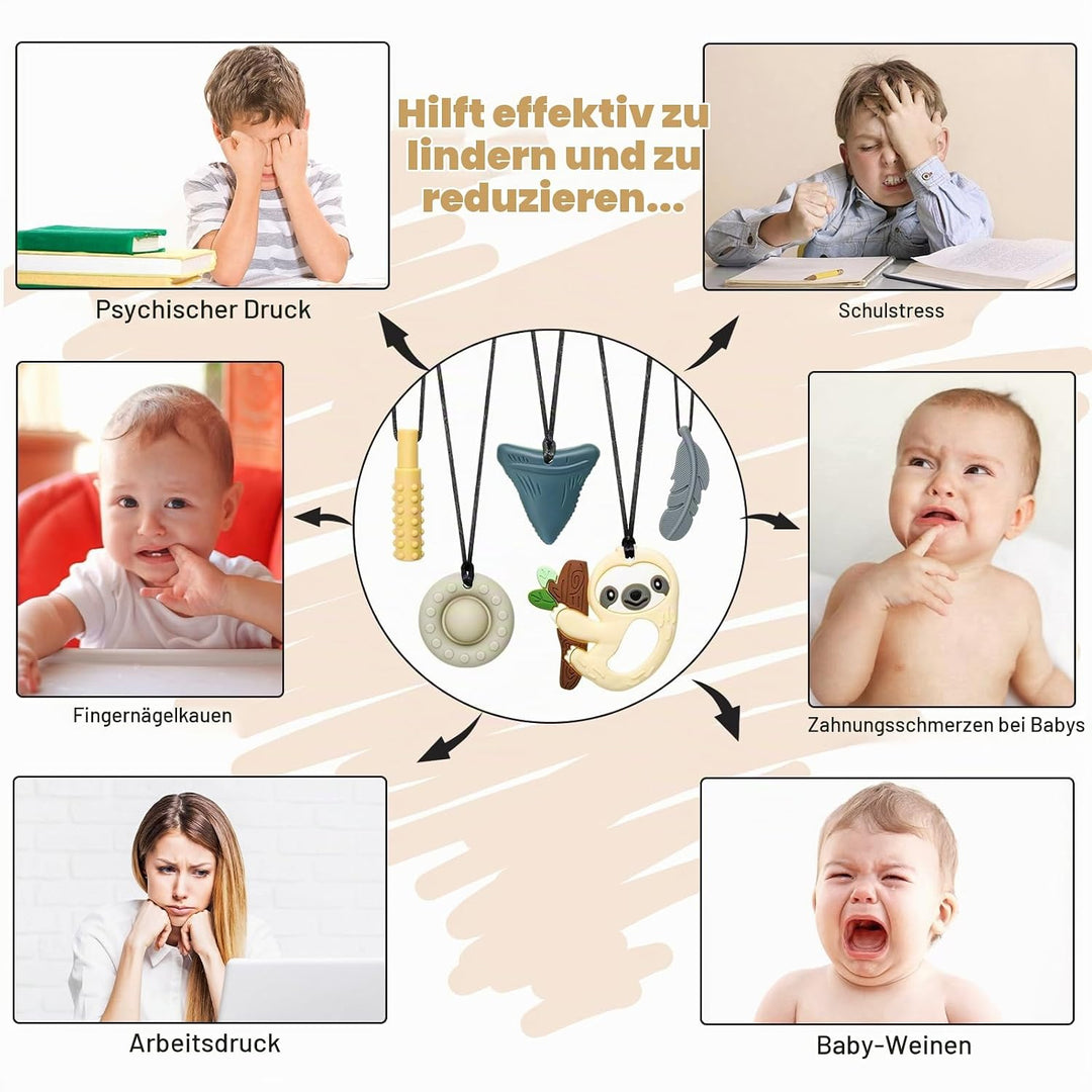 CLDY Kaukette für Kinder, 5 Stück Sensory Kauen Halskette, Kau-Charm, Beissring aus Silikon BPA-frei