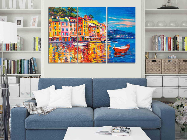 Kunstdruck auf Leinwand, Motiv Stadt und Boote, 3-teilig, 50 x 25 cm, 3 Stück 50 x 25cm (20 x 10 inc