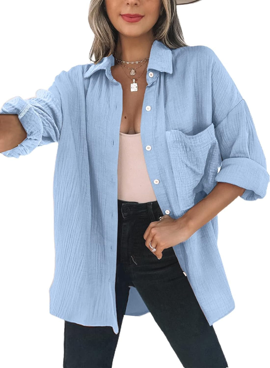 Dokotoo Bluse Damen Musselin Langarmshirt Baumwolle Lässig Oberteile Hemd Langarm Einfarbig Tops Far