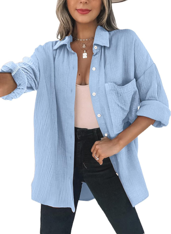 Dokotoo Bluse Damen Musselin Langarmshirt Baumwolle Lässig Oberteile Hemd Langarm Einfarbig Tops Far