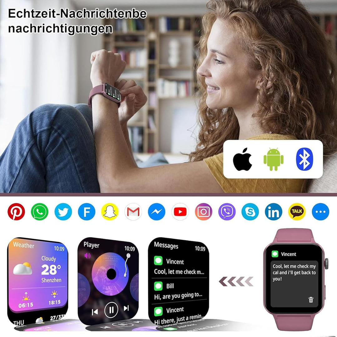 IOWODO Smartwatch Damen Herren 1,85 Zoll Uhren Fitnessuhr Sportuhr mit Schrittzähler Herzfrequenzmon