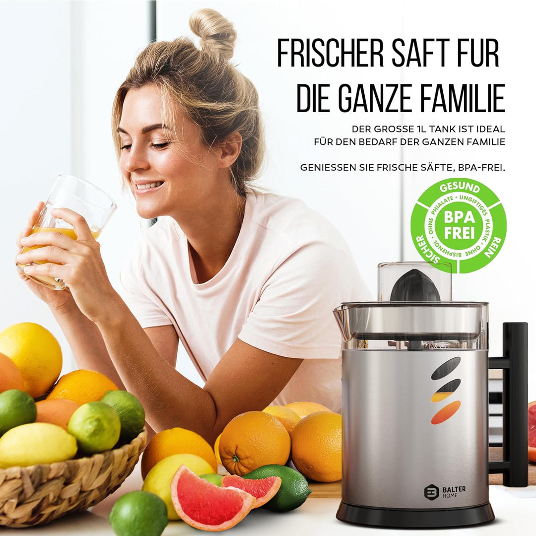 Balter ZP-03 Zitronenpresse Entsafter - 1L Tank, 120W, 2 Drehrichtungen & 2 Kegel – Zitruspresse - S