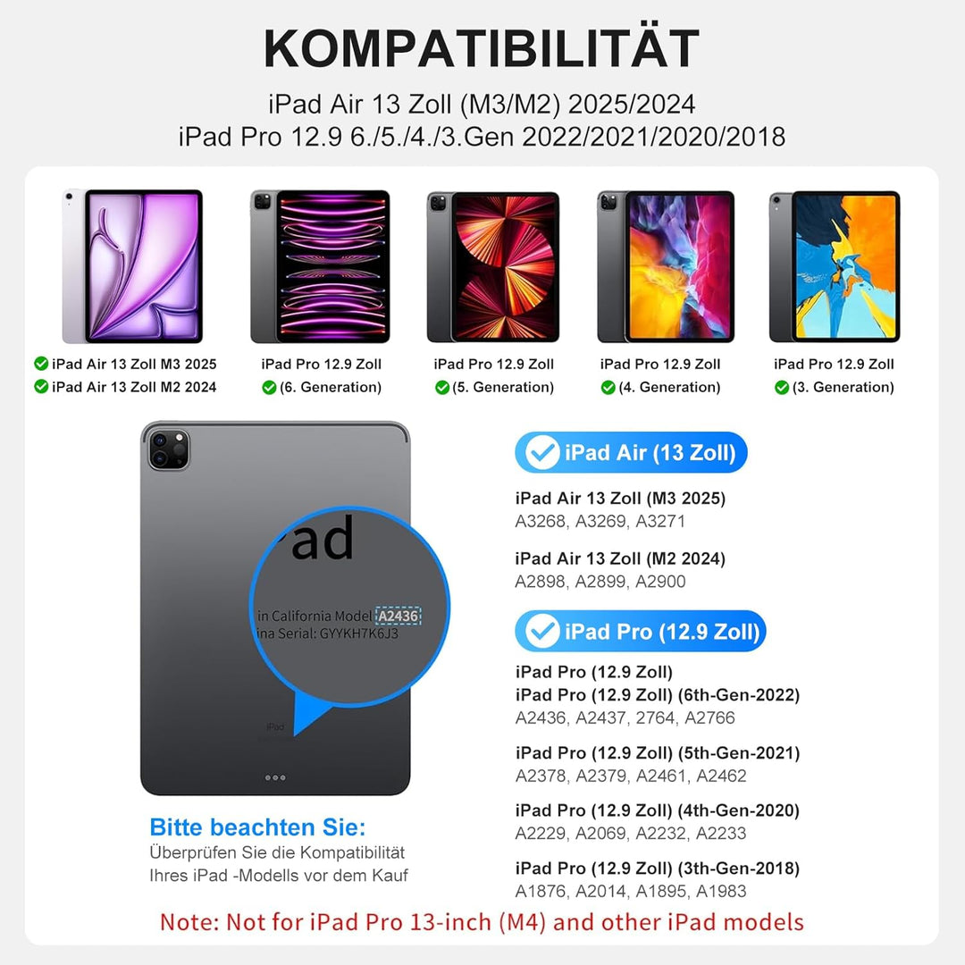 Magic Tastatur Hülle für iPad Air 13 2025/2024 (M3/M2), Magic Keyboard für iPad Pro 12.9 (6/5/4/3 Ge