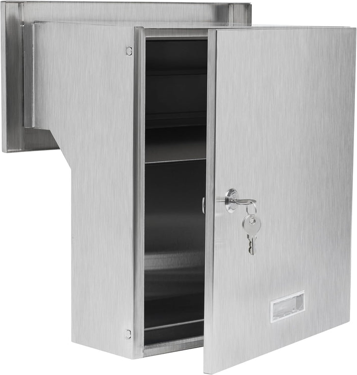 Mauerdurchwurf Briefkasten 100% Edelstahl V2A gebürstet 190-260 [mm] 3 Schlüssel Frontplatte: 160 x