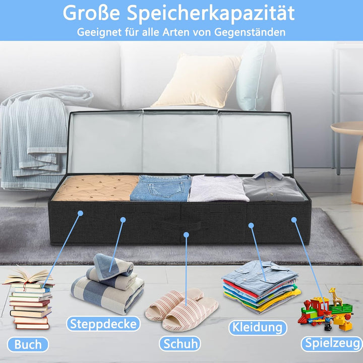 JUPELI 2 Stück Faltbarer Unterbett Aufbewahrungsbox Schwarz, 15cm Hoch Unter Bett Aufbewahrungskiste