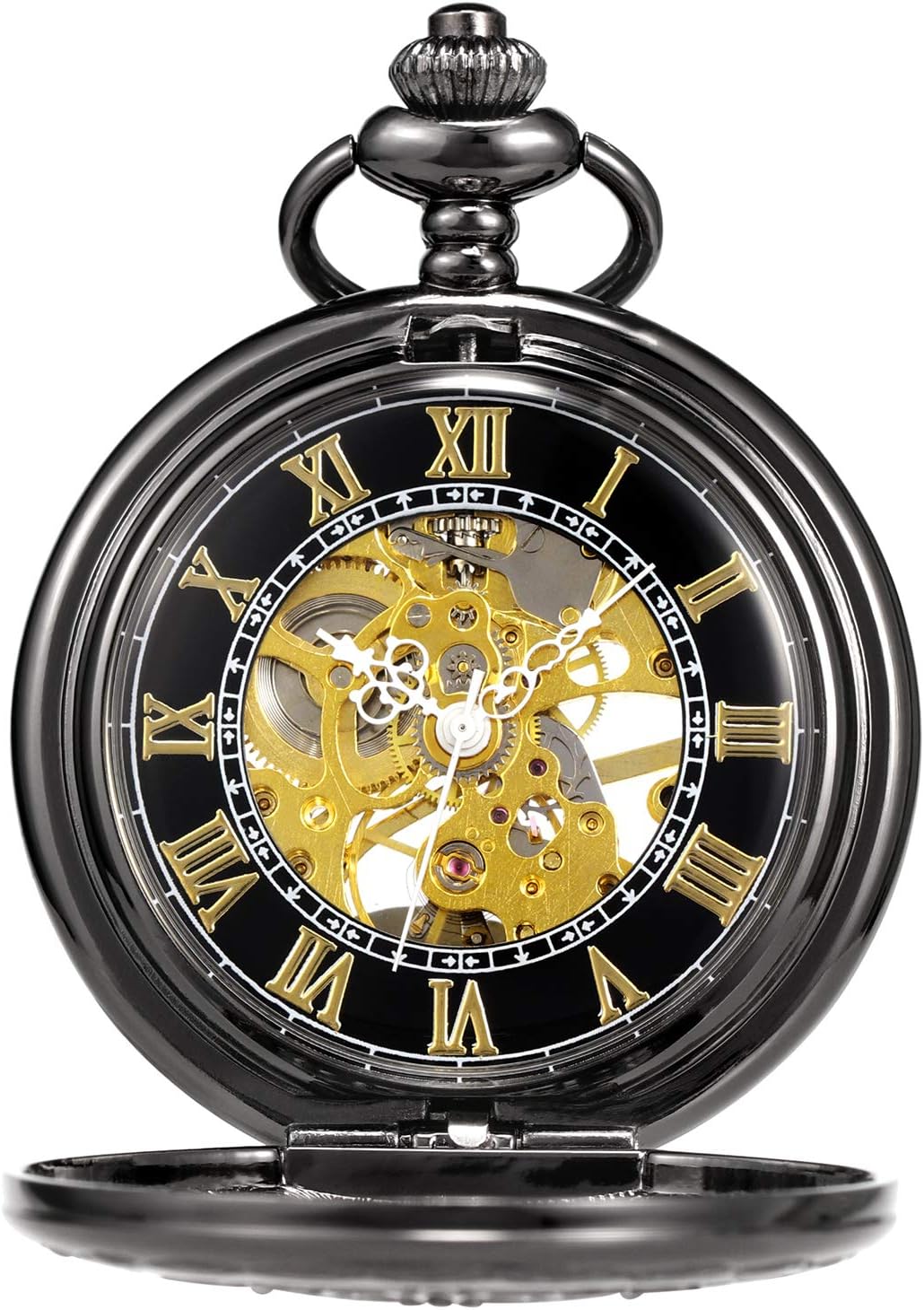 TREEWETO Unisex Taschenuhr mit Kette Analog Handaufzug Antik Kupfer Skelett Schwarz