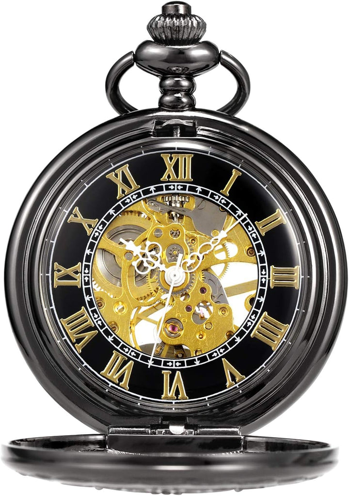 TREEWETO Unisex Taschenuhr mit Kette Analog Handaufzug Antik Kupfer Skelett Schwarz