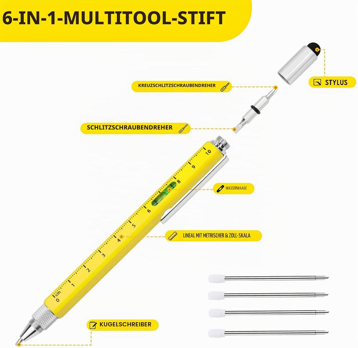 6-in-1-Multitool-Stift, Multifunktionsstift für Männer, mit Stylus, Kugelschreiber, Wasserwaage, Lin