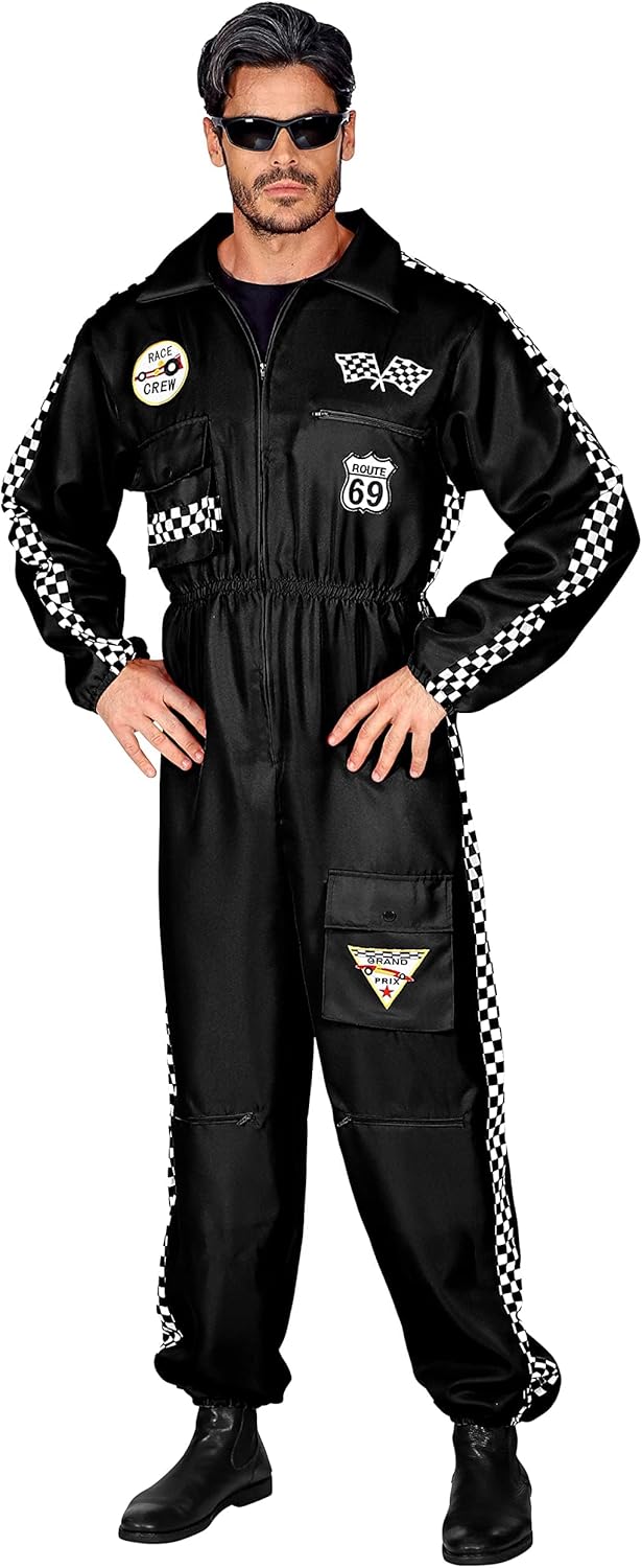 Widmann Rennfahrer Kostüm |Overall Jumpsuit schwarz | Verkleidung Beruf Anzug mit Taschen (schwarz,