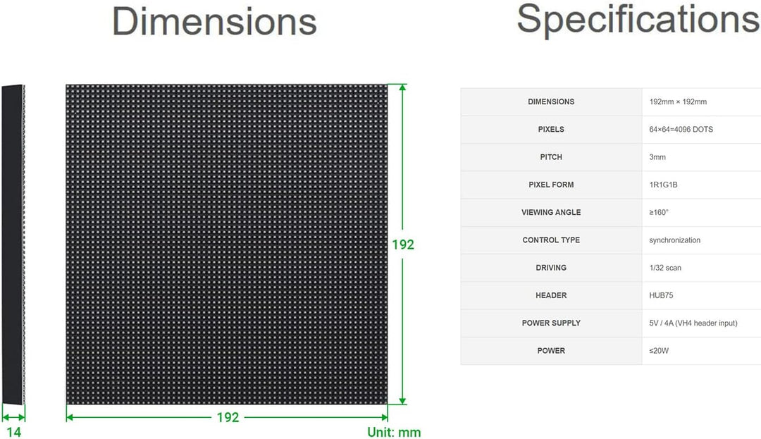 Waveshare RGB Full-Color LED Matrix Panel 3mm Pitch 64×64 Pixels 4096 Individual RGB LEDs Adjustable