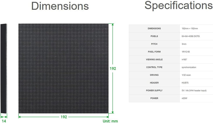Waveshare RGB Full-Color LED Matrix Panel 3mm Pitch 64×64 Pixels 4096 Individual RGB LEDs Adjustable