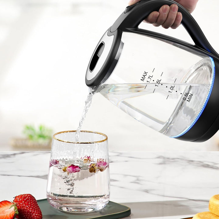 KEINVE Wasserkocher Glas 1,7 Liter, 2200 Watt, LED-Beleuchtung, Verdicktes Borosilikatglas Wasserkoc