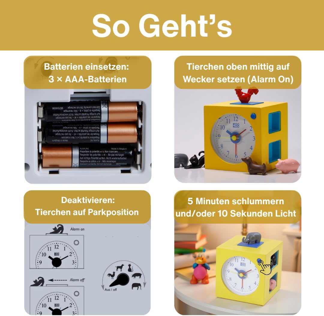 KOOKOO KidsAlarm gelb, Kinderwecker mit 5 Bauernhoftieren und echten Aufnahmen, Gelb