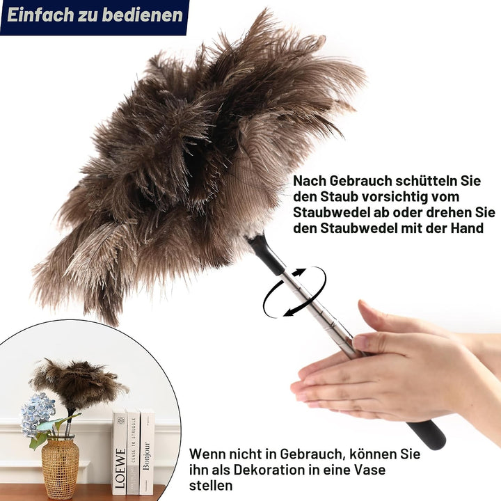 Soarer 40 Zoll Straussenfeder-Staubwedel - Ausziehbarer Griff, Holzgriff, flauschige natürliche echt
