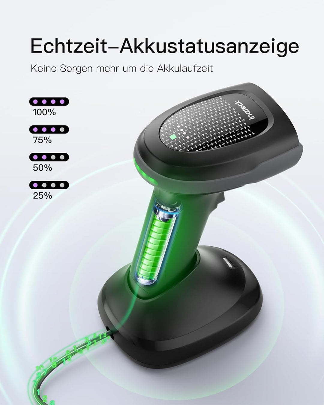Inateck Barcode Scanner Kabellos 2D PDF417, QR Code Scanner mit 2 x 2000mAh Austauschbaren Akkus, mi