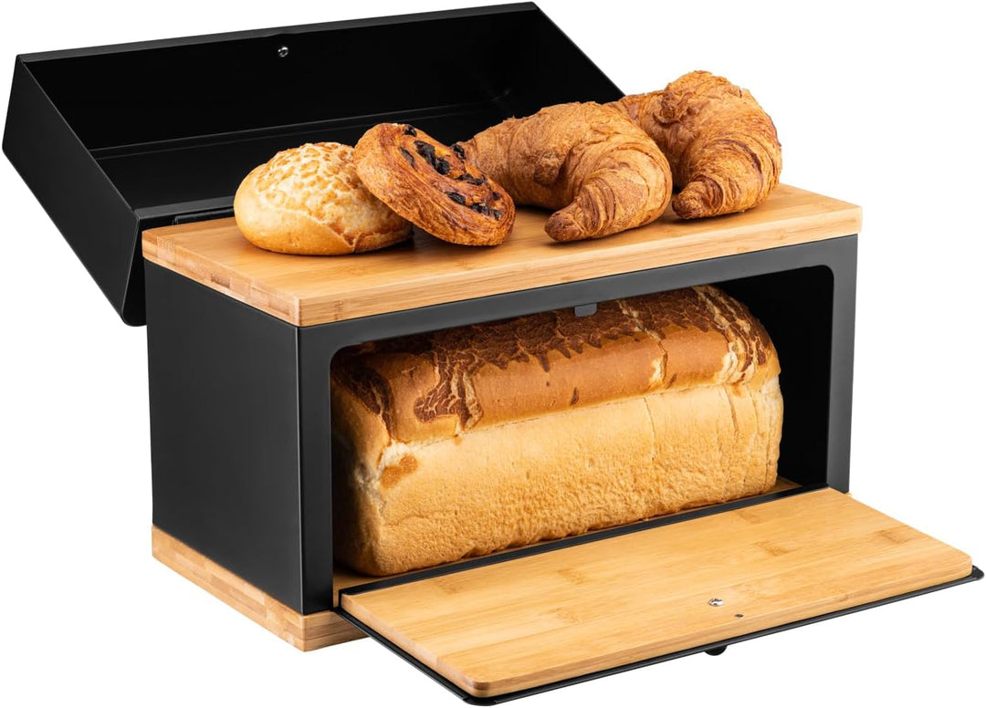 brotkasten schwarz - 2 Etagen Brotbox Metall Holz, Brotaufbewahrung für Küche, Brotbox mit Metall Br