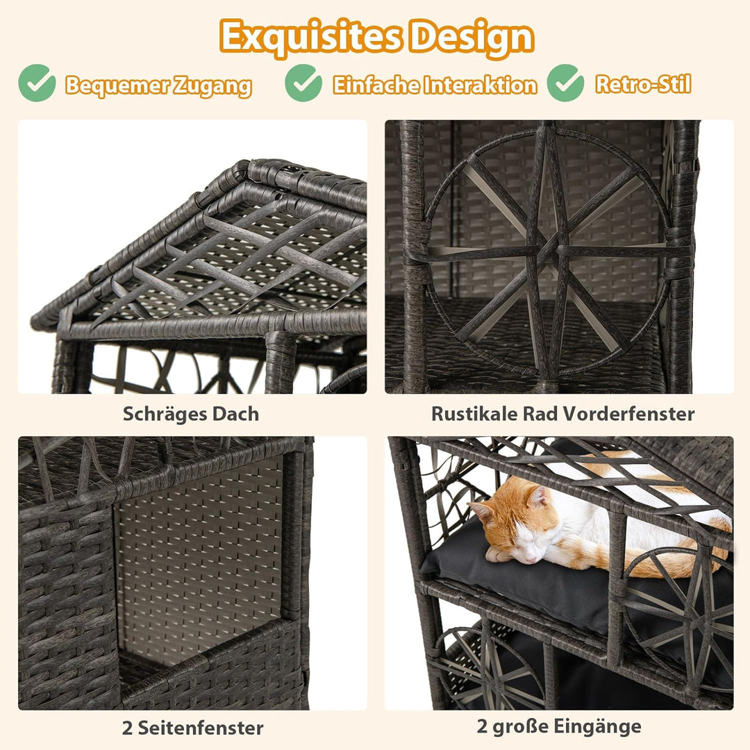 COSTWAY Katzenhaus Rattan, Katzenhütte Outdoor, mit Asphaltdach, abnehmbaren Kissens, Fenstern, Hund