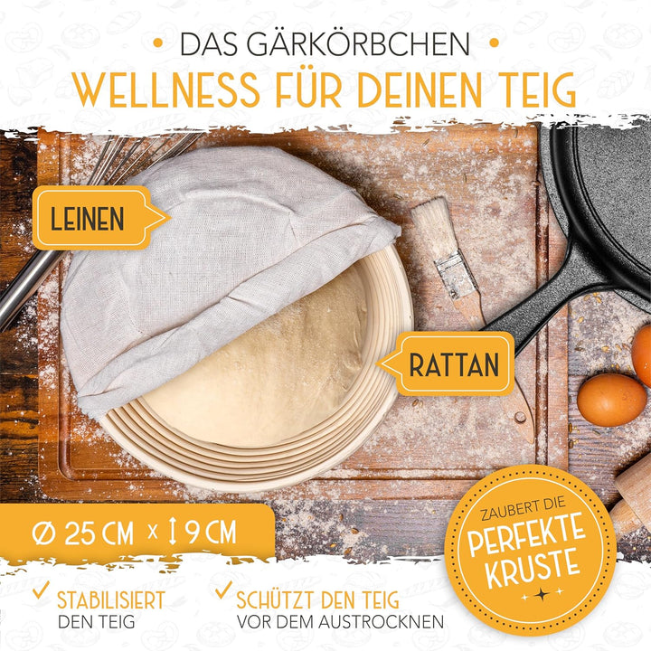 KRUSTENZAUBER 26cm Gusseisen Topf Brot Backen inkl. Gärkorb - Robuster Brottopf zum backen - Ideale