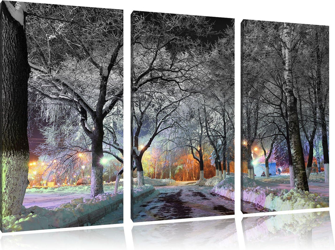 Pixxprint Baumallee im Winter Schwarz/Weiss 3-Teiler Leinwandbild 120x80 Bild auf Leinwand