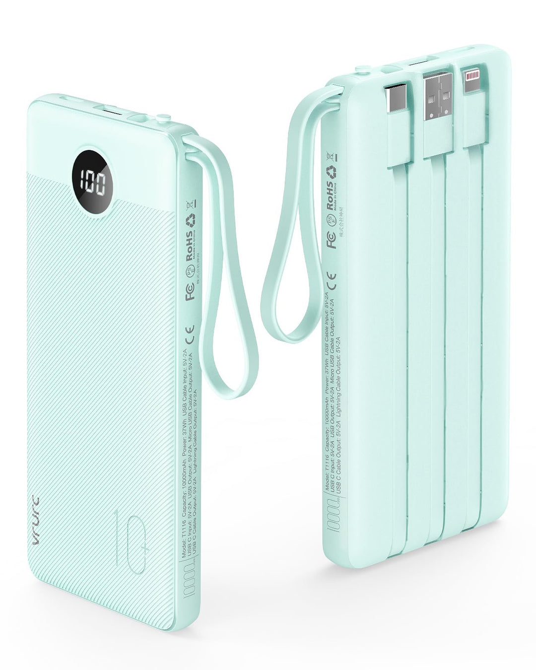 VRURC Powerbank mit Kabel 10000mAh Power Bank Tragbares Ladegerät USB C Externer Handy Akkus LED Dis