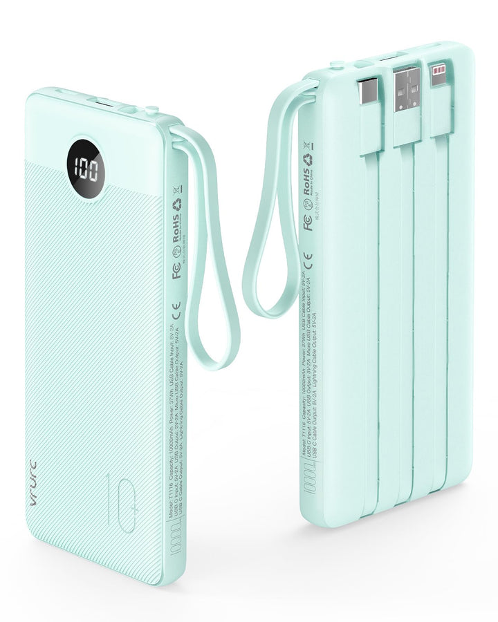 VRURC Powerbank mit Kabel 10000mAh Power Bank Tragbares Ladegerät USB C Externer Handy Akkus LED Dis