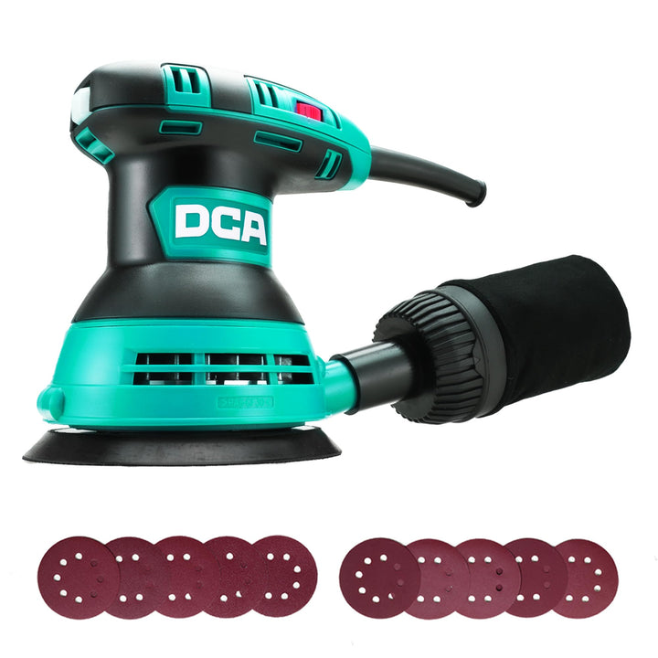 DCA Exzenterschleifer 300W, 125MM Schleifmaschine mit 6 Geschwindigkeiten, Max.12000 U/min, 0.3L Sta