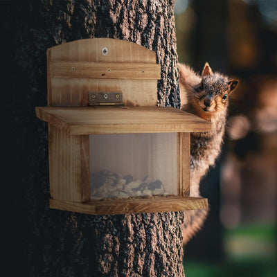 Relaxdays Eichhörnchen Futterhaus, 2er Set, gebranntes Holz, Eichhörnchenhaus mit Klappe & Scheibe,