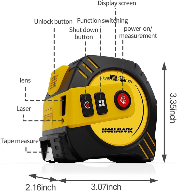 REVASRI Digitales Massband, 40 m Laser Entfernungsmesser & 5m Massband, Echtzeit-Digitalanzeige Einh