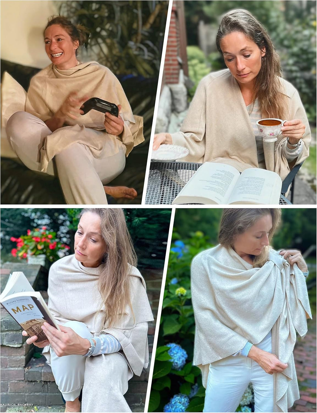 PULI Damen Poncho Schal Cashmere Feeling Strick Cape Cardigan Für Frauen Geschenk Für Mutter Beige E