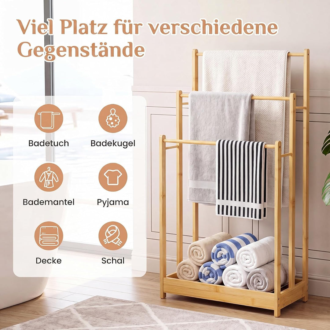 COSTWAY Handtuchständer freistehend, Handtuchhalter Holz mit 3 Handtuchstangen &amp; unterer Ablage &amp; Ki
