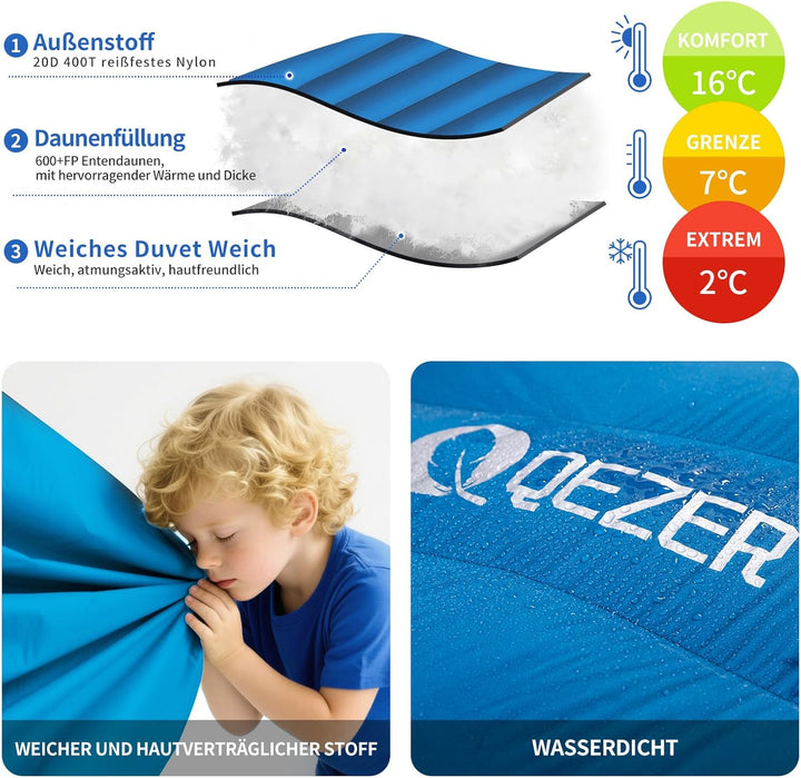 Daunenschlafsack, Schlafsack Ultraleicht, 600FP+ Premium Daunen, Geeignet für Winter/Sommer, geeigne